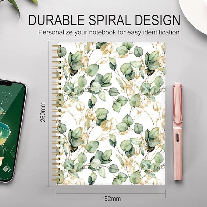 Spiral Journal Notebook for Women,A5 College Ruled Notebooks 6"x 8.4",Gold Eucalyptus Branches 120 Pages Lined Journal with Premium Thick Paper,Perfect for School Office Home Gifts(Watercolor Tropical