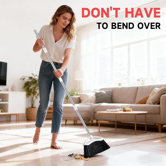 EZKEY Heavy Duty Broom, 54-inch Adjustable Long Handle Angle Brooms Large Brooms for Sweeping Indoor and Outdoor Commercial Broom for Home Kitchen Patio Garage Porch Courtyard Classroom, White