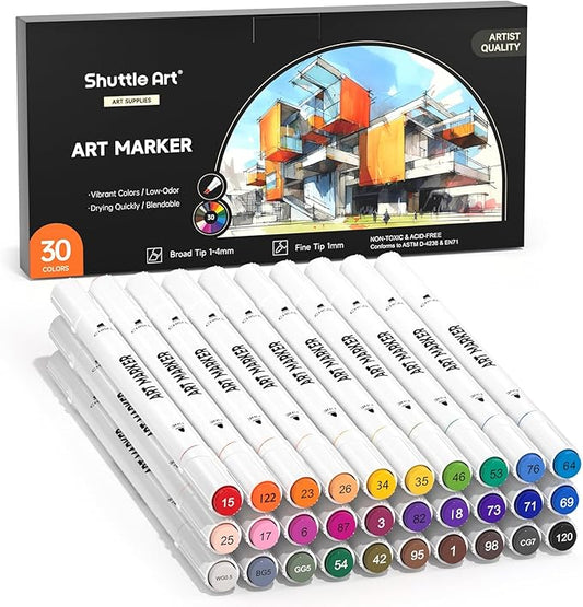 Shuttle Art 30 Colors Dual Tip Art Markers Permanent Marker Pens Highlighters Perfect for Illustration Adult Coloring Sketching and Card Making