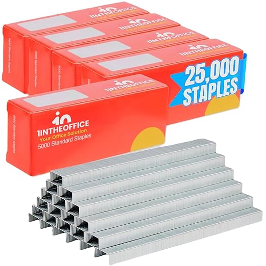 1InTheOffice Standard Staples, Staples for Stapler, Replacement Staples Refill, 1/4" Leg Length, 25000 Staples/Box