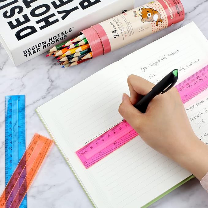 6PCS Clear Ruler, 12 Inch Plastic Rulers for School, Home, or Office, Clear Plastic Rulers, Assorted Colors.