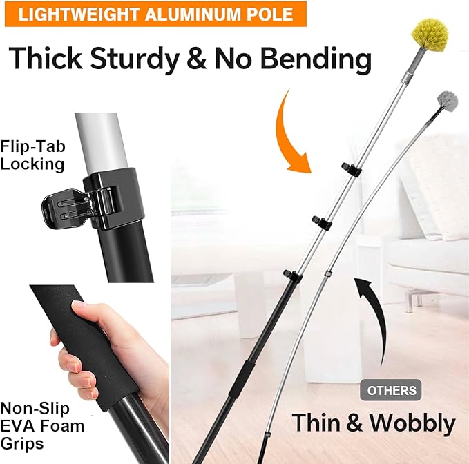 ARTIPOLY 20 Foot Telescoping Extension Pole Kit, 4-in-1 High Reach Duster with Chenille Microfiber Feather & Cobweb Duster Attachments for Ceiling Wall Hard-to-Reach Indoor & Outdoor Cleaning Yellow