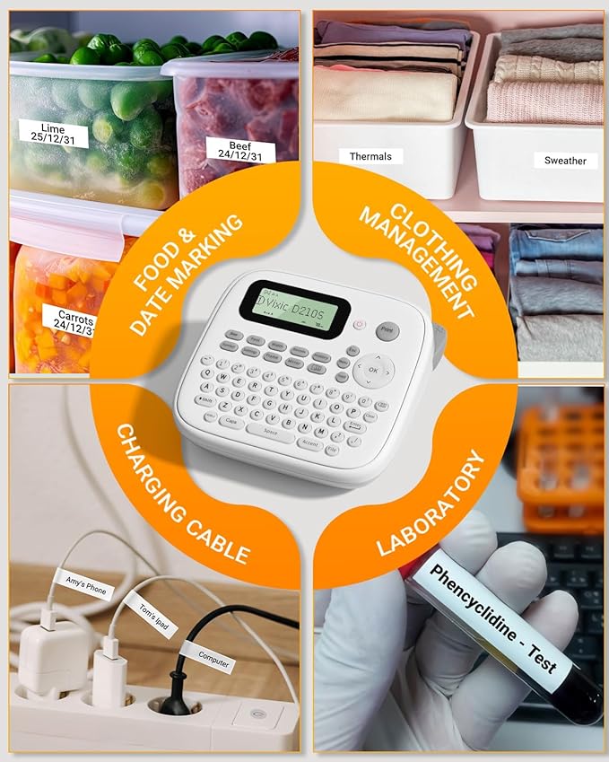 Vixic Label Maker Machine, D210S Label Maker Machine with Tapes Waterproof, Handheld Label Machine with Keyboard Powered by USB-C, Labeler with Chain Print Reduce Wastes for Home Office Organization