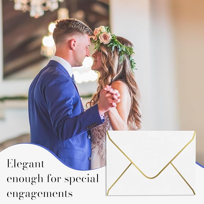 A7 White Envelopes 50 Pcs, Goefun 5x7 V-Flap Fancy Envelopes with Gold Border, for Invitation, Bridal Shower, Wedding, 5.25 x 7.25in