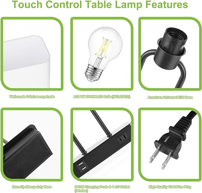 Bedside Touch Control Table Lamp with Dual USB Charging Ports 1 AC Outlet, 3 Way Dimmable Modern Nightstand Lamp with White Fabric Shade, Desk Lamp for Bedroom Living Room Office with 5000K LED Bulb