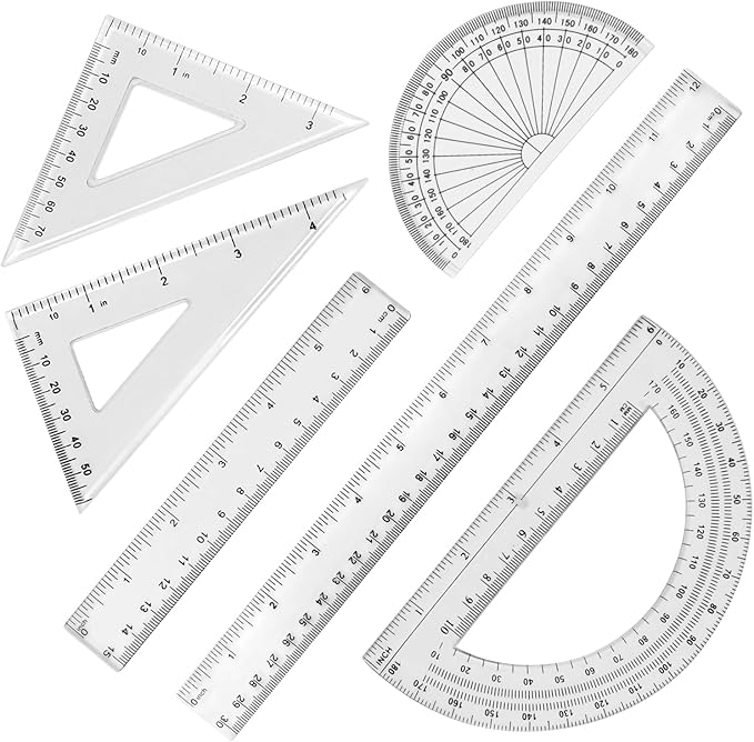 Plastic Clear Ruler Math Set, 2 Protractors 180 Degree 2 Triangle Rulers 45 | 60 Degree 2 Straight Rulers 5.9" | 11.8" Long, Drafting Ruler Geometry Ruler Measuring Tool for School Office Home Supplie
