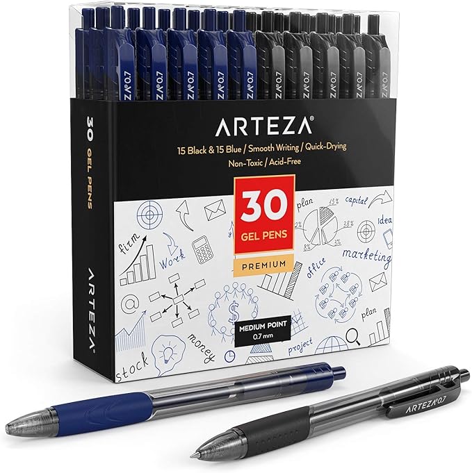 ARTEZA Gel Pens, Set of 30 – 15 Black & 15 Blue Retractable Rollerball Pens, 0.7 mm Medium Point for Office, School & Daily Writing Tasks