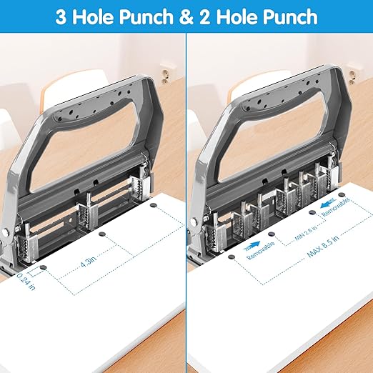 AFMAT HP18 Heavy Duty 3 Hole Punch, 50-Sheet Hole Puncher 3 Ring, 50% Reduced Effort, Adjustable Two & Three Hole Punch, Metal Paper Puncher w/Large Chip Tray, Metal Paper Guide, Gray