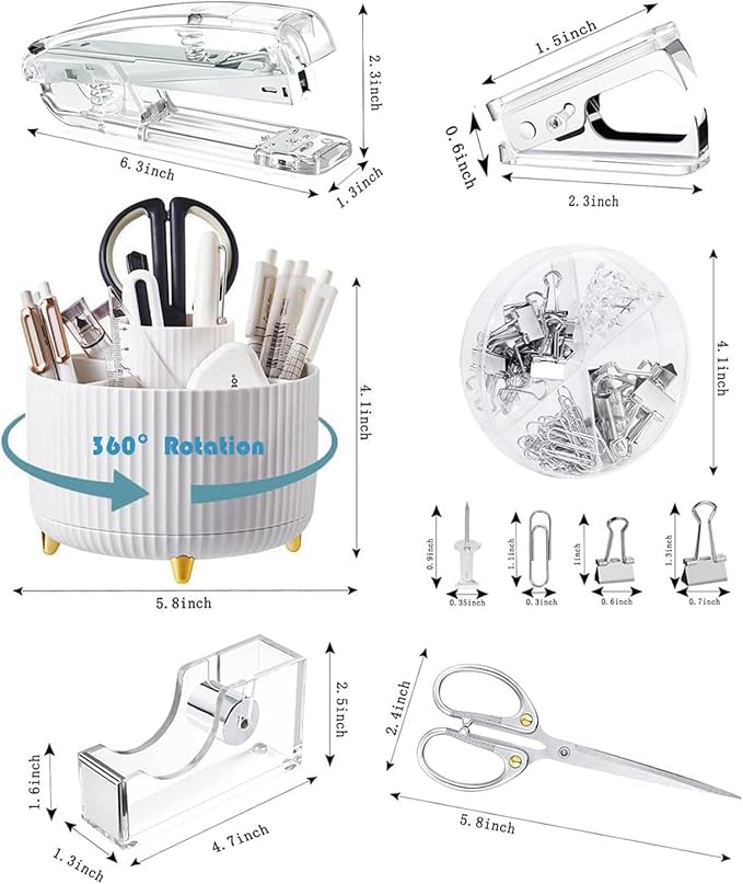 Desk Organizers and Accessories 7Pcs Set with 360-Degree Rotating Pen Holder, Acrylic Stapler, Tape Holder, Staple Remover, Binder/Paper Clips Kit, Scissor and 1 Box of Staples (Silver)