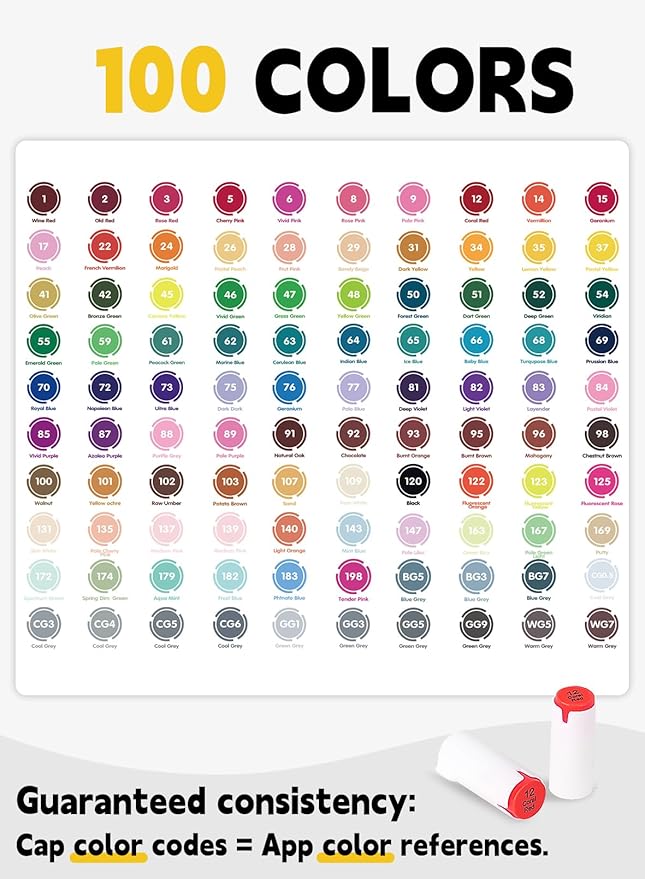 YHC 100 Colors Alcohol Brush Marker with Free App, Chen Rui Dual Tips Art Markers for Adults and Kids, Alcohol Based Brush & Chisel Tips Markers for Drawing, Coloring, Painting, Sketching
