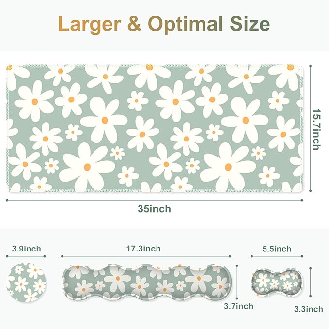 Desk Mat Gaming Mouse Pad, Cute Desk Matt Keyboard Wrist Rest for Desktop, Anti-Slip Big Mousepad Stitched Edges, XXL Large Mouse Pad with Wrist Support for Home Office Computer I Morandi Daisy