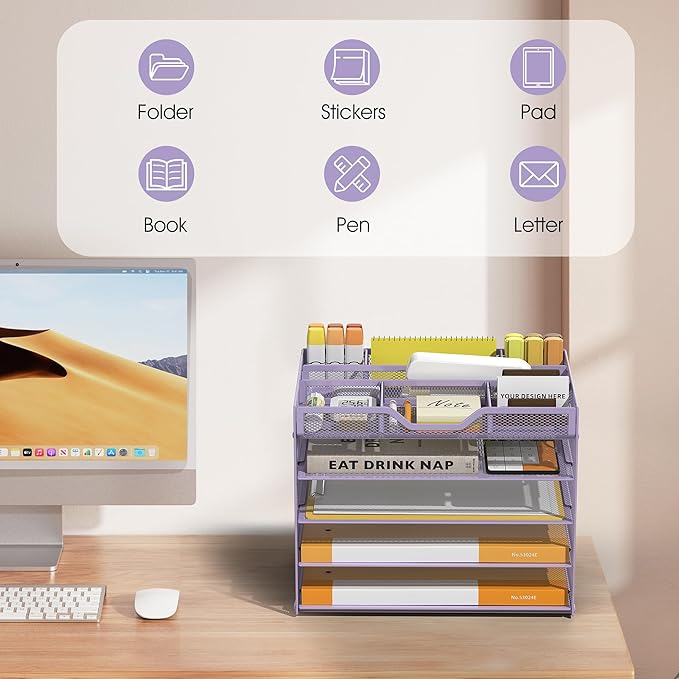 5 Tier Paper Letter Tray with 3 Drop-in Pen Holders, Mesh Desk File Organizer with Handle, Desk Organizers and Accessories for School,Home, Office Supplies Storage-Purple