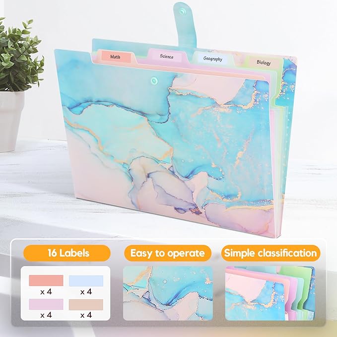 Expanding File Folder, Aesthetic Folders for School, Accordion File Organizer, Aesthetic Folder with Labels,5 Pockets Important Document Folders for School Office Home(Cyan Gold)