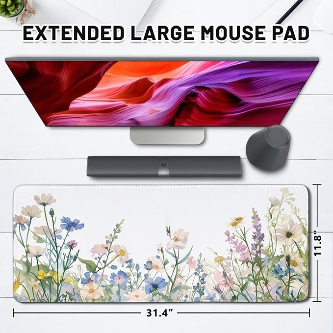 Flower Mouse Pad Large, Gaming Mousepads, Full Bloom ElegantFloral Computer Desk Pad with Stitched Edges Non Slip, Birthday Gifts for Women, Desktop Decor Mat for Keyboard and Mouse 11.8”x 31.4” XL