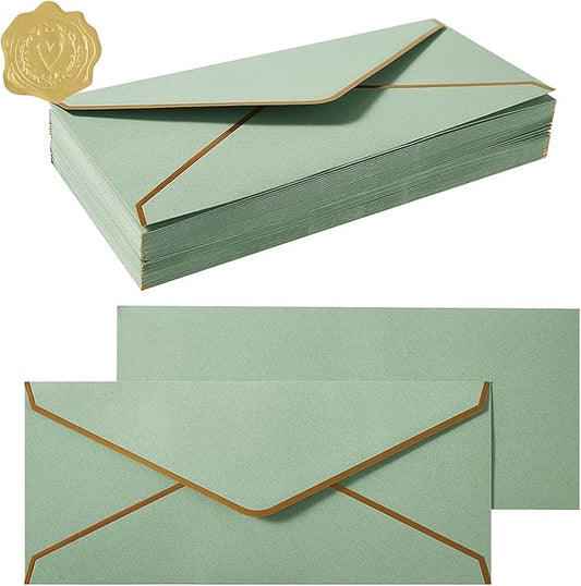 50 Pack #10 Business Envelopes with Gold Border, Self Seal Standard Envelopes with Gold Stickers for Office, Checks, Letter Mailing, Invoices, 4 1/8 x 9 1/2 Inches (Sage-Green)