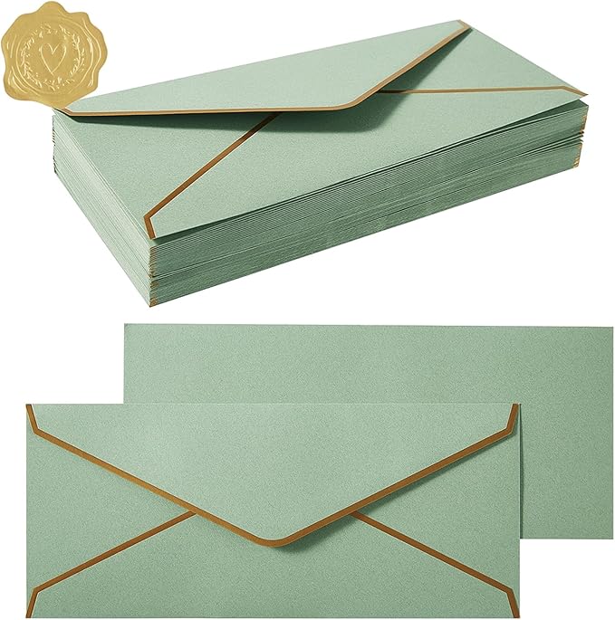 100 Pack #10 Business Envelopes with Gold Border, Self Seal Standard Envelopes with Gold Stickers for Office, Checks, Letter Mailing, Invoices, 4 1/8 x 9 1/2 Inches (Sage-Green)