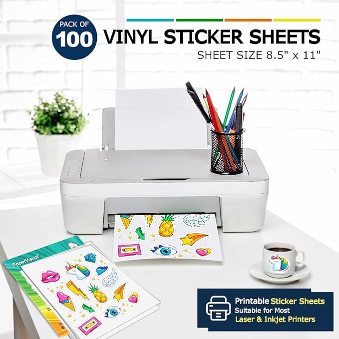 Premium Printable Vinyl Sticker Paper for Inkjet and Laser Printer - 100 White Matte Sticker Paper Waterproof - Excellent Adhesion Paper 8.5 x 11, Fast Dry, Holds Ink Well, Great for Cutting Machines