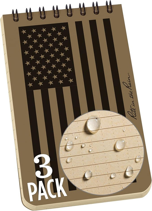 Rite in the Rain Weatherproof Top Spiral Notebook, 3" x 5", Tan American Flag Cover, Universal Pattern, 3 Pack (No. FL935T-3)