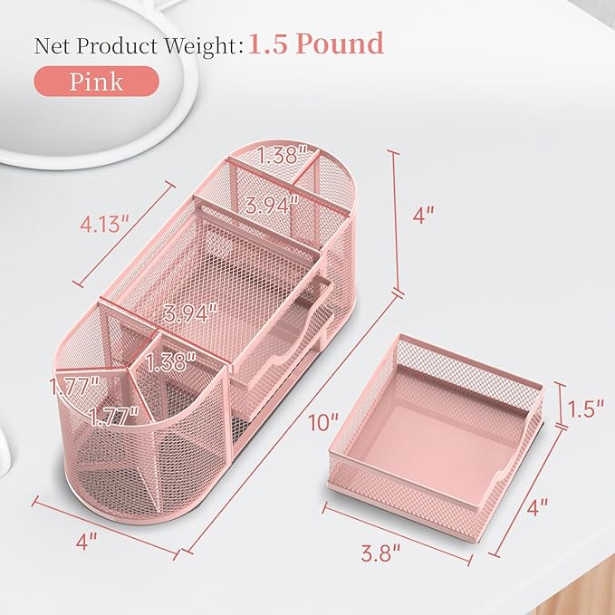 SUPEASY Mesh Desk Organizer, Desk Organizers and Accessories, Pen Holder with Drawers, Pencil Holder for Desk with 2 Drawer for Office Supplies, Pink