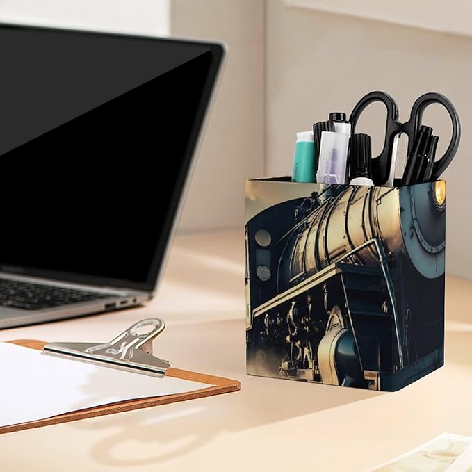 Holder Cup Makeup Brush Storage Organizer, Waterproof Multifunctional Office Supplies, Pen Holder Square Leather Pencil Train