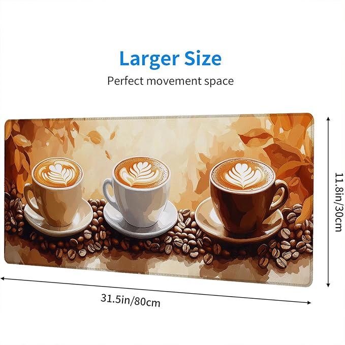 Coffee Desk Mat Gaming Mouse Pad Coffee Beans Leaves Leisure Work Large Gaming Mouse Mat with Stitched Edges,Non-Slip Waterproof Rubber Base Mouse Mat Office Computer Keyboard Laptop Home 31.5"x11.8"