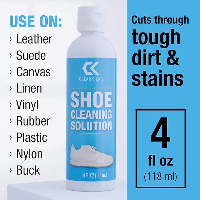 CleanKicks Shoe Cleaning Kit - Footwear Cleaner for Sneakers, Boots, Cleats, and Many Other Shoe Types - (4 Ounce Bottle and Brush). Packaging May Vary Between Green and Blue.