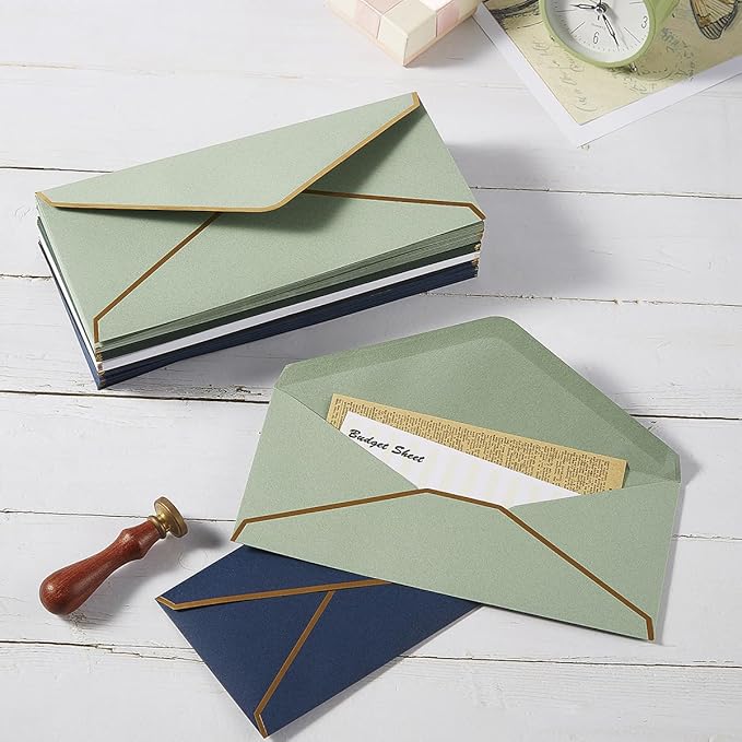 50 Pack #10 Business Envelopes with Gold Border, Self Seal Standard Envelopes with Gold Stickers for Office, Checks, Letter Mailing, Invoices, 4 1/8 x 9 1/2 Inches (Dark Green)