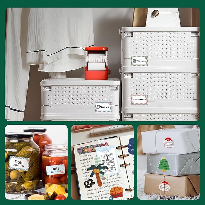 NEW1 Label Printer +4 Rolls Labels, 2 Inch Portable Inkless Bluetooth Label Maker for Small Business Home School, Automatic Label Recognition, Sticker Printer for Address Logo Barcode Clothing (Green)