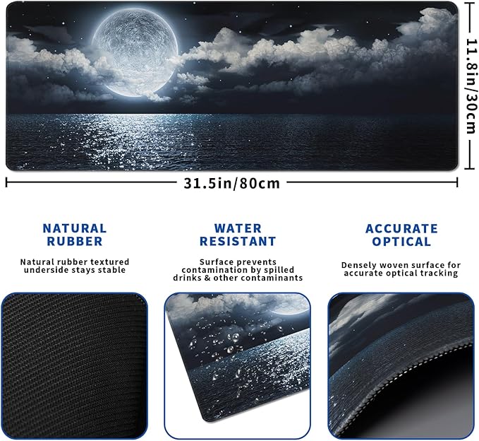 Black Sea Mouse Pad Abstract Black Mouse Pad 31.5x11.8 Inch Moon Texture Non-Slip Rubber Base Large Mousepad Stitched Edges Keyboard Mouse Mat Desk Pad for Office and Home