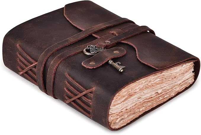 LEATHER VILLAGE Vintage Leather Journal – 200 Handmade Vintage Deckle Edge Paper – Leather bound Journal For Women Men – Vintage Key Closure - Book of Shadows - Chocolate Brown - 6X4 inches (A6)