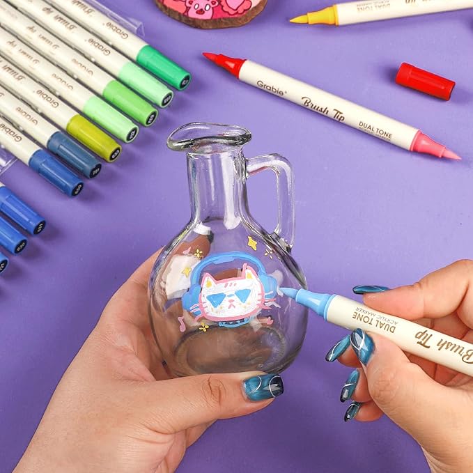 Grabie 120 Colors Dual Tone Brush Tip Acrylic Markers, Dual-Color Paint Markers with 60 Brush Tips, Double Tipped Acrylic Paint Pens for Fabric, Canvas,DIY, Canvas Art Supplies, Set of 60