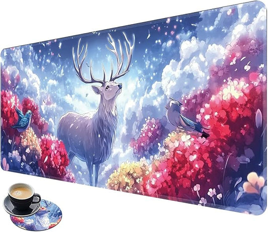 Desk Mat Large Gaming Mouse Pad (31.5x11.8 inch) with Stitched Edges, XL Mouse Pad +Coaster, Extended Mouse Mat Keybroad Mousepad Non-Slip Rubber for Gamer Men Women, White Deer