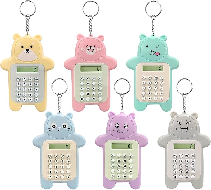 6 Pcs Portable Mini Calculator Keychain,8-Digit LCD Display Cartoon Bear Calculator for Home Office Kids and Adults