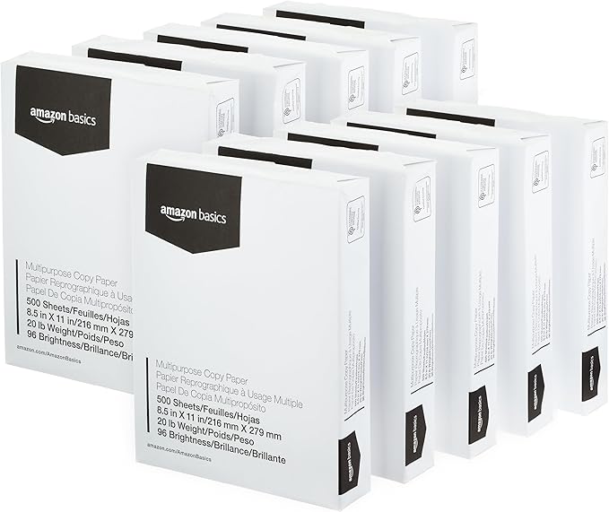 Amazon Basics Multipurpose Copy Printer Paper, 8.5 x 11 Inches, 20 lb, 10 Ream, (5,000 Sheets), 96 Bright, White