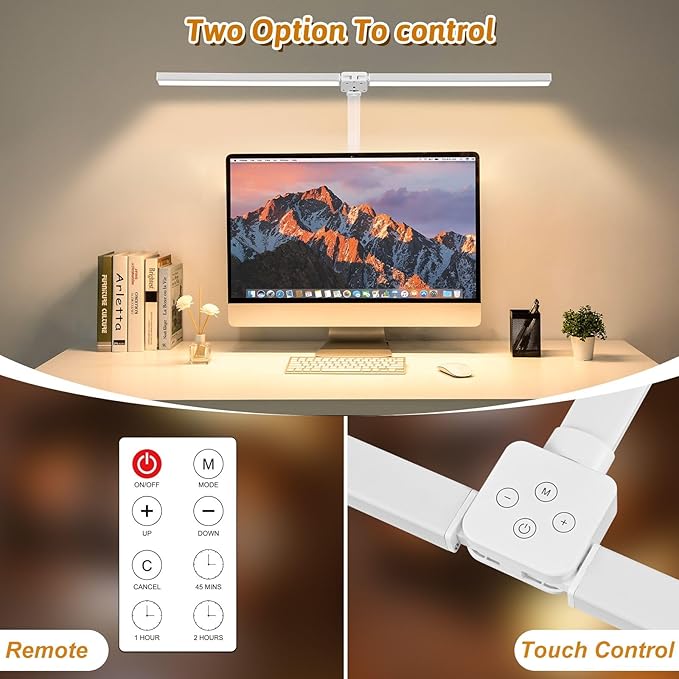 LED Desk Lamp for Office Dorm Home - Eye Caring Desk Light with Timer, Remote Control 24W 5 Color Brightest Dual Screen Computer Monitor Gooseneck Dimmable Table lamp with Anti-Glare Cover Base