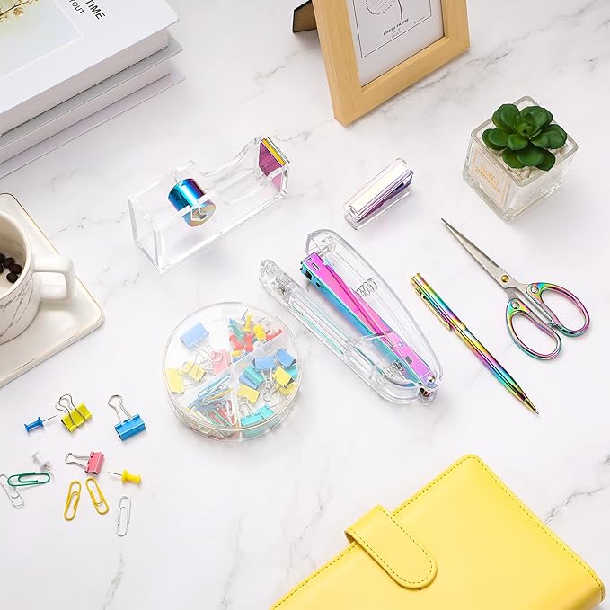 Office Supplies Set Desk Accessory Kit, Acrylic Stapler Set Staple Remover, Tape Dispenser, Binder Clips, Paper Clips, Ballpoint Pen and Scissor with 1000 Pieces 26/6 Staples (Rainbow Color)