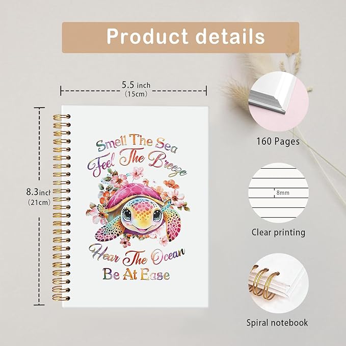 MOFUYU Cute Sea Turtle Journal for Women,Beach Notebook,Inspirational Ocean Notebooks,Cute Notebooks for School Work Women Girls,Gifts for Beach Lovers 5.5x8.3 Inch