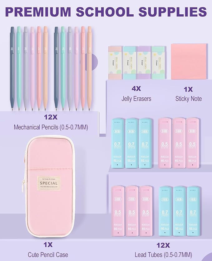 Mechanical Pencil Set with Cute Pencil Case, 12x Pastel Mechanical Pencils 0.5 & 0.7mm with 720x HB Leads, 4x Erasers and 1x Sticky Note, Suitable for Writing, Drafting Drawing Sketching(pink)