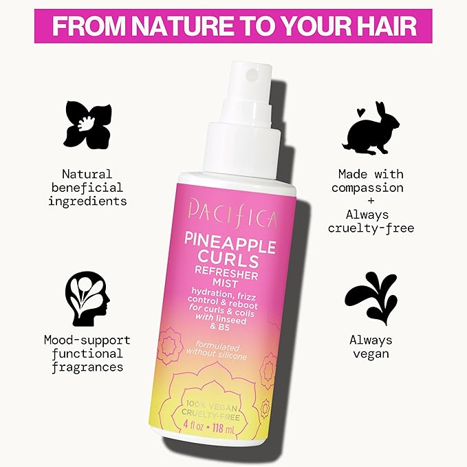 Pacifica Pineapple Curls Refresher Mist - Curl Refresher Spray, with Hyaluronic Acid, Vitamin B5 and Plant Oils, Vegan and Dermatologist Tested Curly Hair Products and Wavy Hair Products - 4 Fl Oz