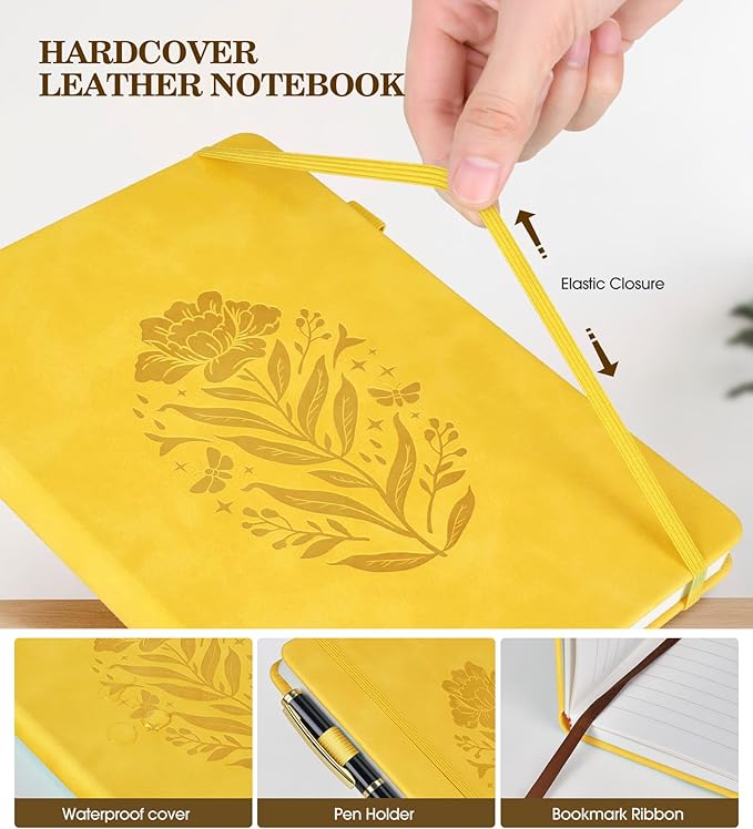 Lined Journal Notebook for Women, A5 Yellow Hardcover Leather Journals for Writing, 200 Pages Travel Daily Journal,Thick College Ruled Notebook for Work School, Note Taking, Business 5.75'' X 8.38''