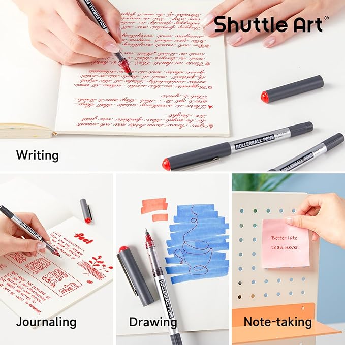 Shuttle Art RollerBall Pens, 25 Pack Red Fine Point Roller Ball Pens, 0.5mm Liquid Ink Pens for Writing Journaling Taking Notes School Office