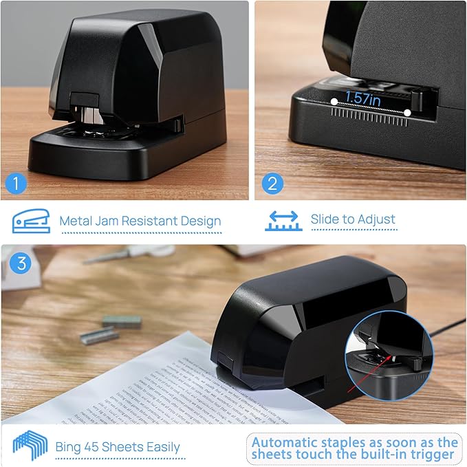 Electric Stapler for Desk Value Pack, 45 Sheet Capacity, Includes 1500 Staples & Staple Remover, No-Jam, Faster Stapling, AC Adapter Powered, Black