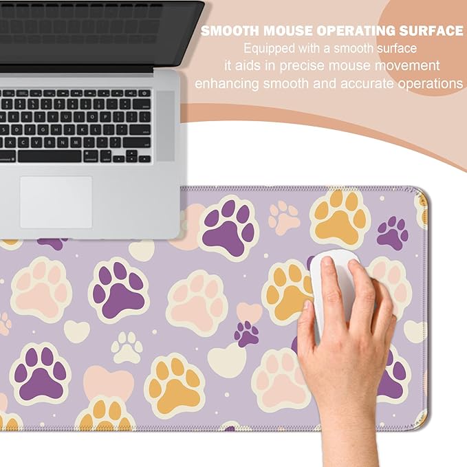 Cute Cat Paw Pattern Desk Mat, Large Gaming Mouse Pad, Computer Keyboard Laptop Girl Mousepad for Work, Game, Office and Home, XL, Purple