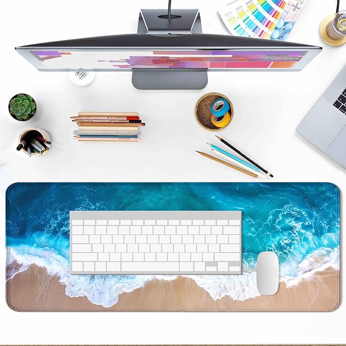 Ocean Beach Gaming Mouse Pad, Extended Large Sea Wave Desk Mat, Computer Keyboard Laptop Mousepad for Work, Office and Home, XL, Blue