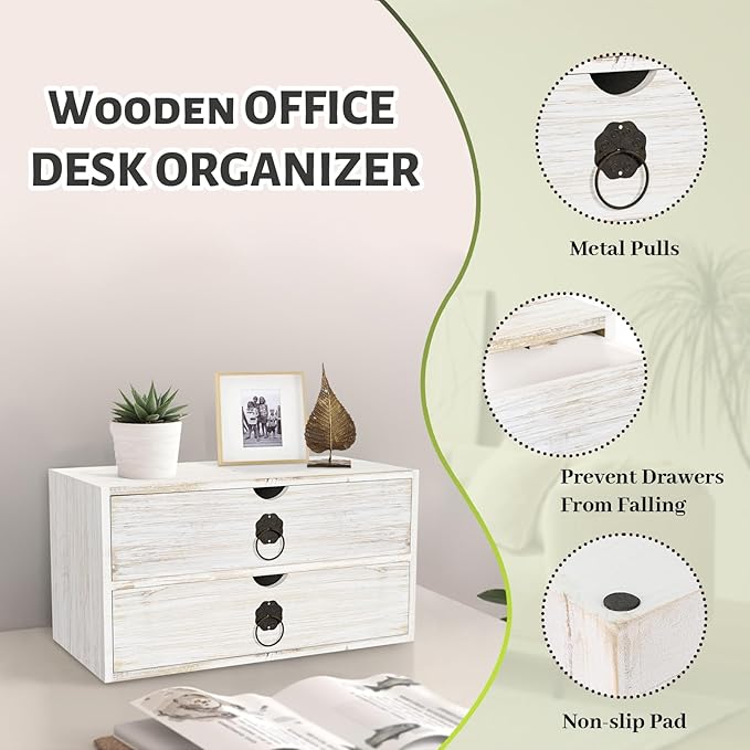 Wood Desk Organizer, White Wooden Desktop Organizer with Drawer, Tabletop Storage Organization Box for Countertop, Home Office Supplies, Bills (2 Drawer)