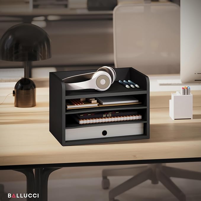 Ballucci File Organizer, 4-Tier Office Desk Organizer, Open Top Wood Paper Organizer for Classroom, Mail Sorter Paper Tray with Adjustable Storage Shelves, Black