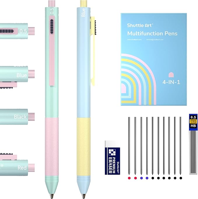 Shuttle Art 4 in 1 Multicolor Pen, 2 Pack Retractable Ballpoint Pens with 1.0mm Black Blue Red Ink and 0.5mm Mechanical Pencil, Multifunction Pens Fresh Style Gift Set for Writing School Office Home