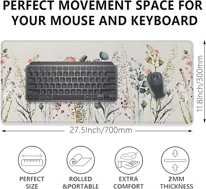 Watercolor Plant Flowers Desk Pad Mouse Pad,Floral Prints Extended Large Gaming Mouse Mat with Stitched Edges,Non-Slip Waterproof Rubber Base Mousepad for Office Work Home(27.5X11.8 in)