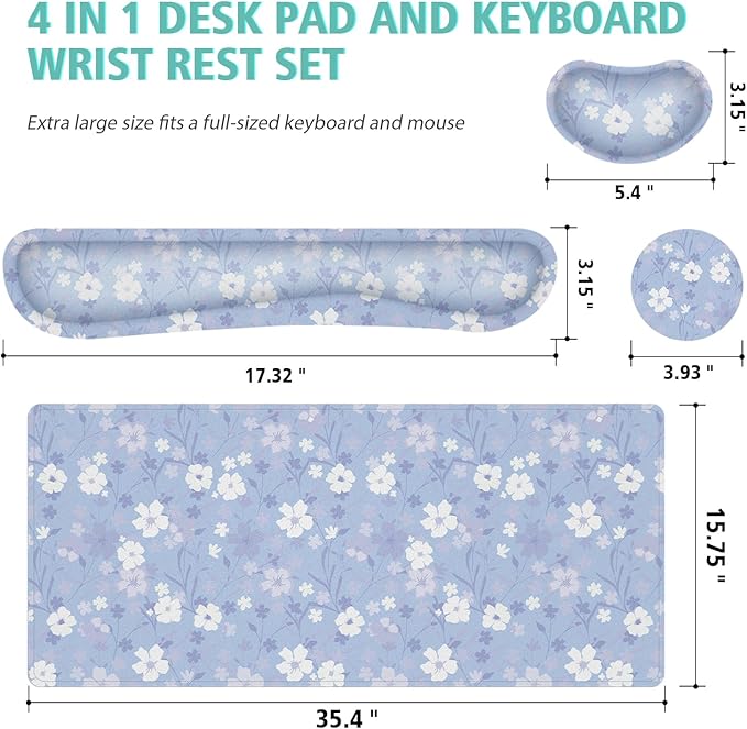 Large Mouse pad,4 in 1 Extended Keyboard Desk Mat with Wrist Rest,Non-Slip Desk Pad Protector Easy Typing Pain Relief for Home Office (Light Purple Flower)