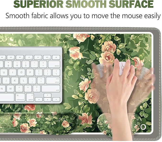 ARTSO Rose Floral Mouse Pad Wrist Support Set, Desk Mat, 4in1 XXL Large Mousepad + Keyboard Wrist Rest+Mouse Wrist Rest+Coaster Combo with Ergonomic Design for Home Office